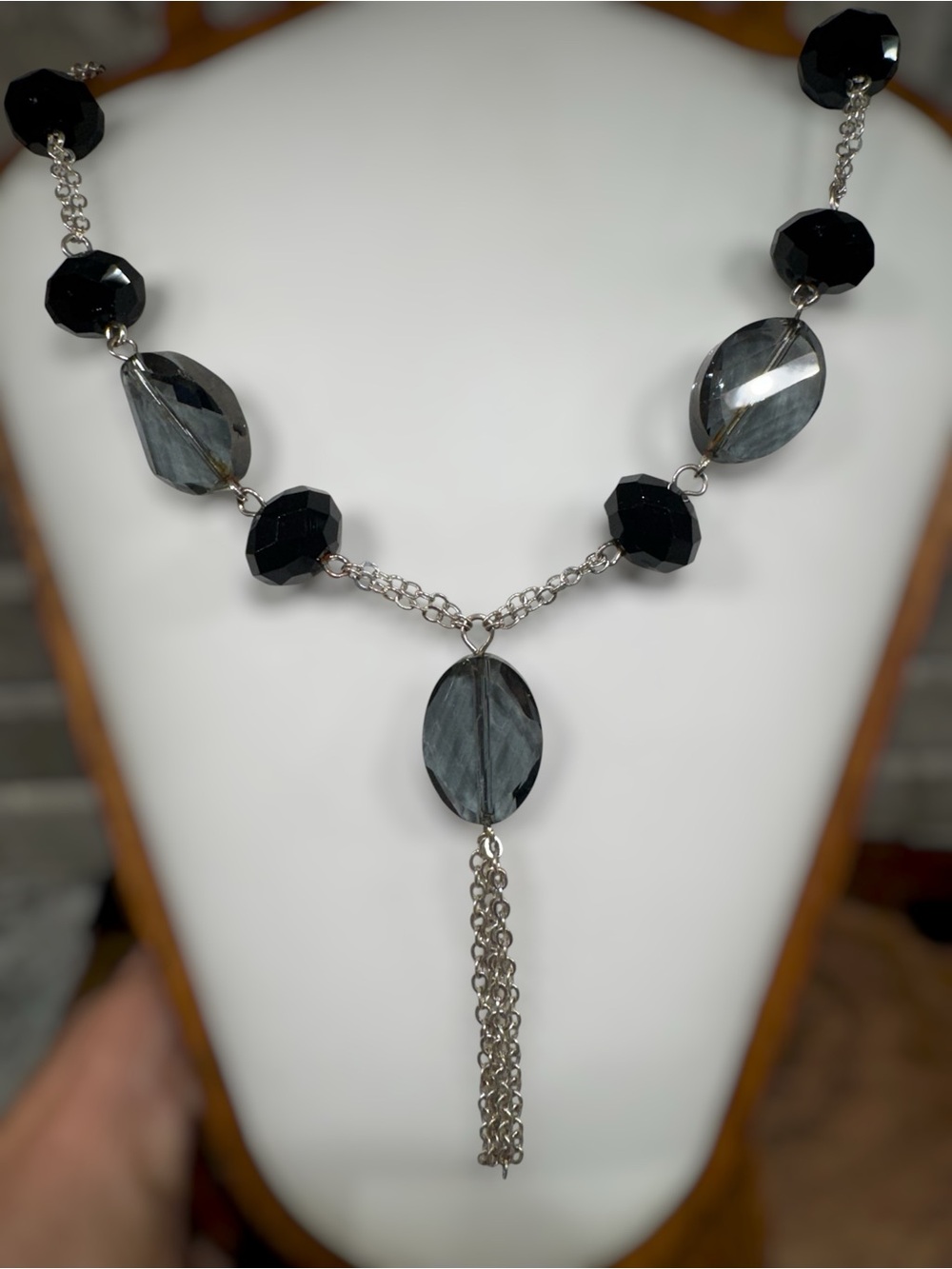 Artisan Black & Gray Faceted Bead and Silver Chain Tassel Necklace